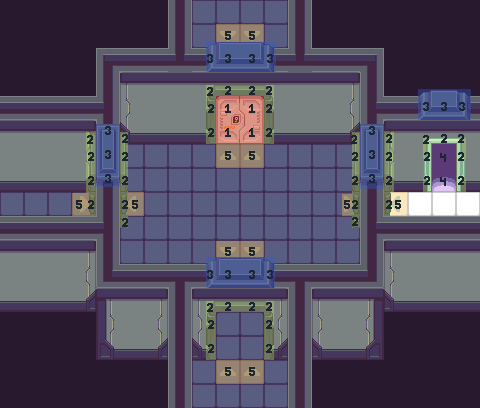 same mockup of a room with 4 doors as above, but some tiles are colour-coded